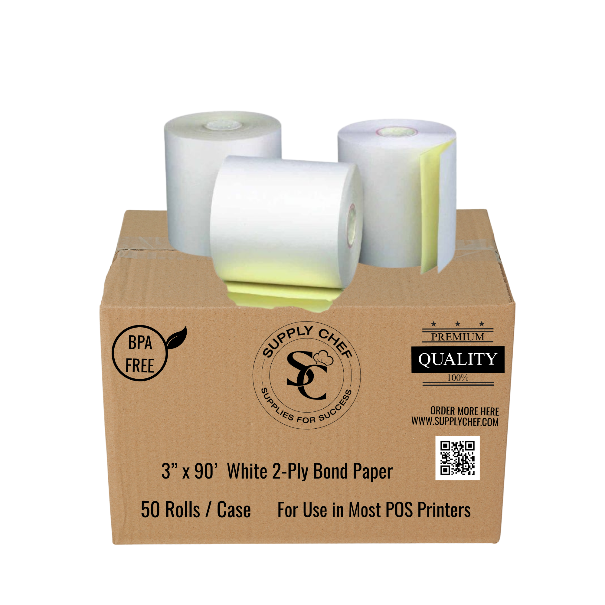 3″ x 90′ 2-Ply Carbonless Paper White / Canary (50 Rolls/Case)