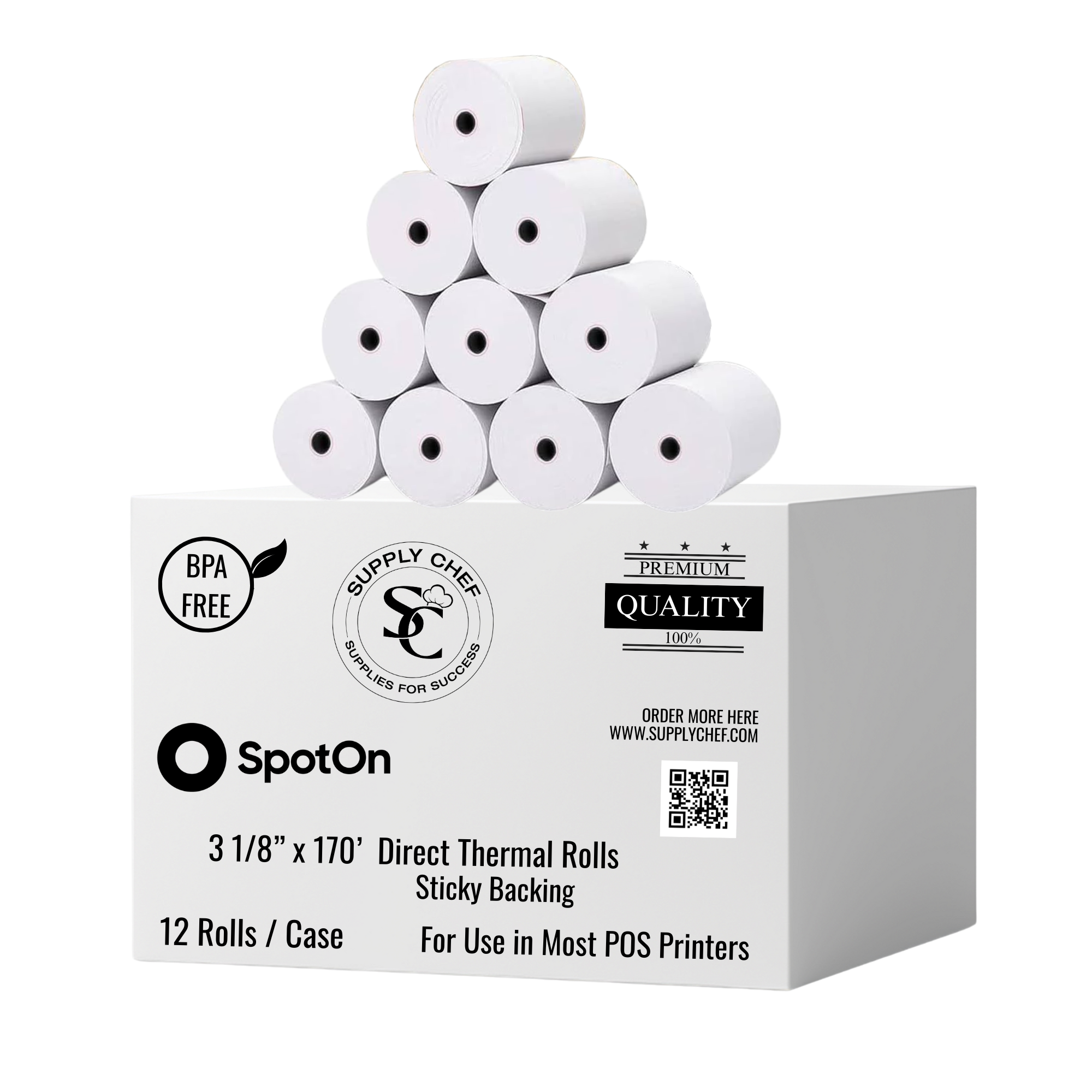 3 1/8″ x 170 Direct Thermal "Sticky Paper" (12 Rolls/Case)