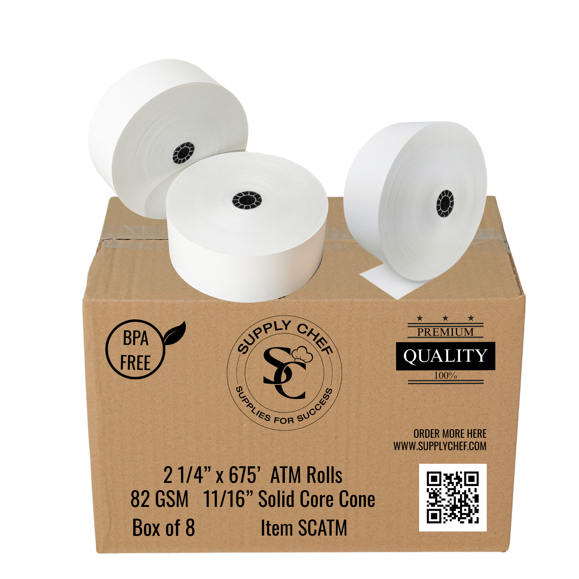 2 1/4" x 675' Printer Rolls for ATM Machines (8 Rolls/Case)