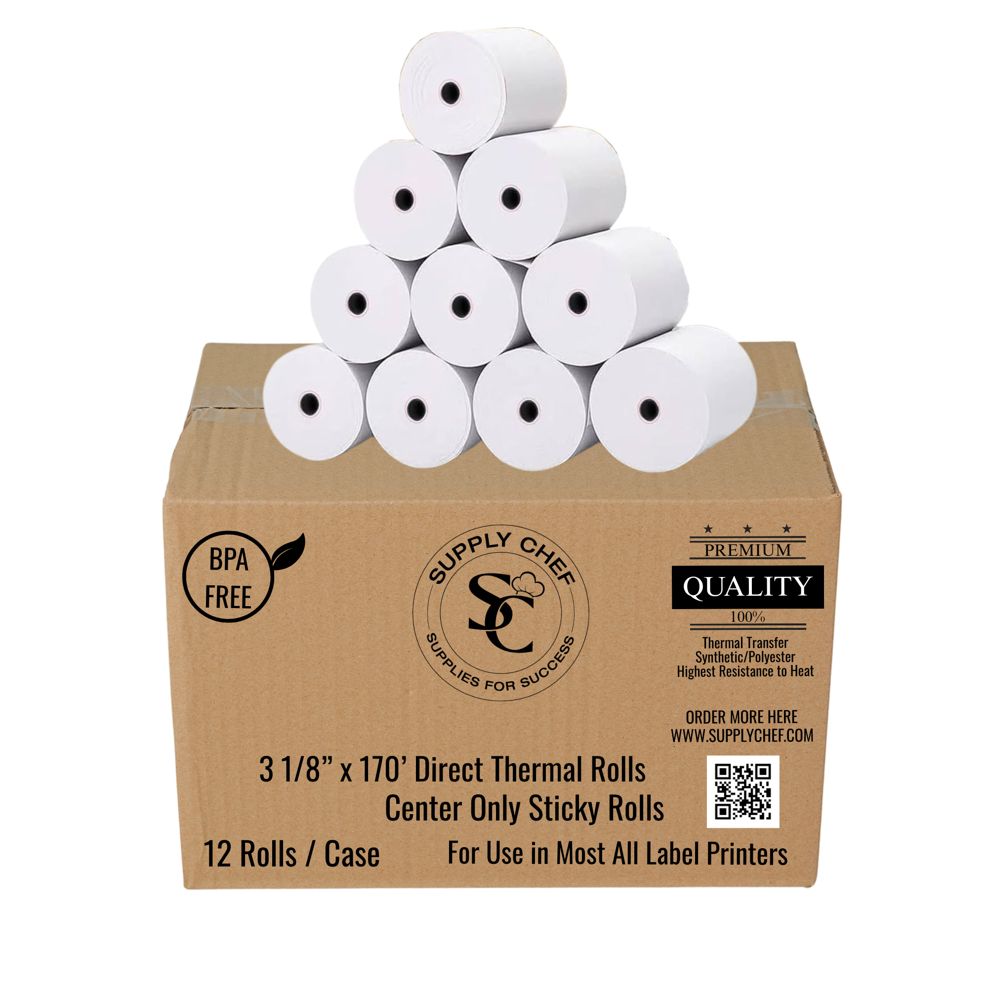 Supply Chef 3 1/8-inch by 170-foot Center Sticky thermal paper, 12-roll case