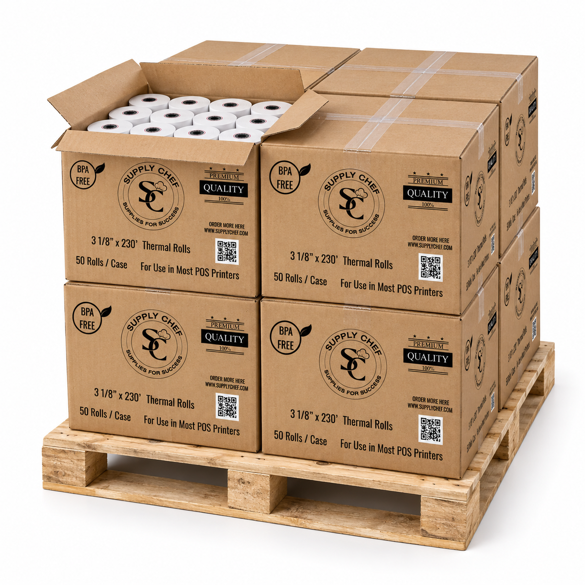 Eight stacked cases of Supply Chef 3 1/8 inch x 230 foot thermal receipt paper on a pallet, 400 rolls total